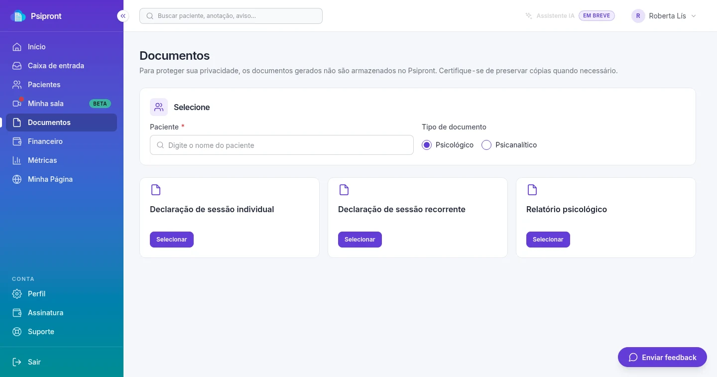 Tela de documentos do Psipront com os modelos de declaração e relatório