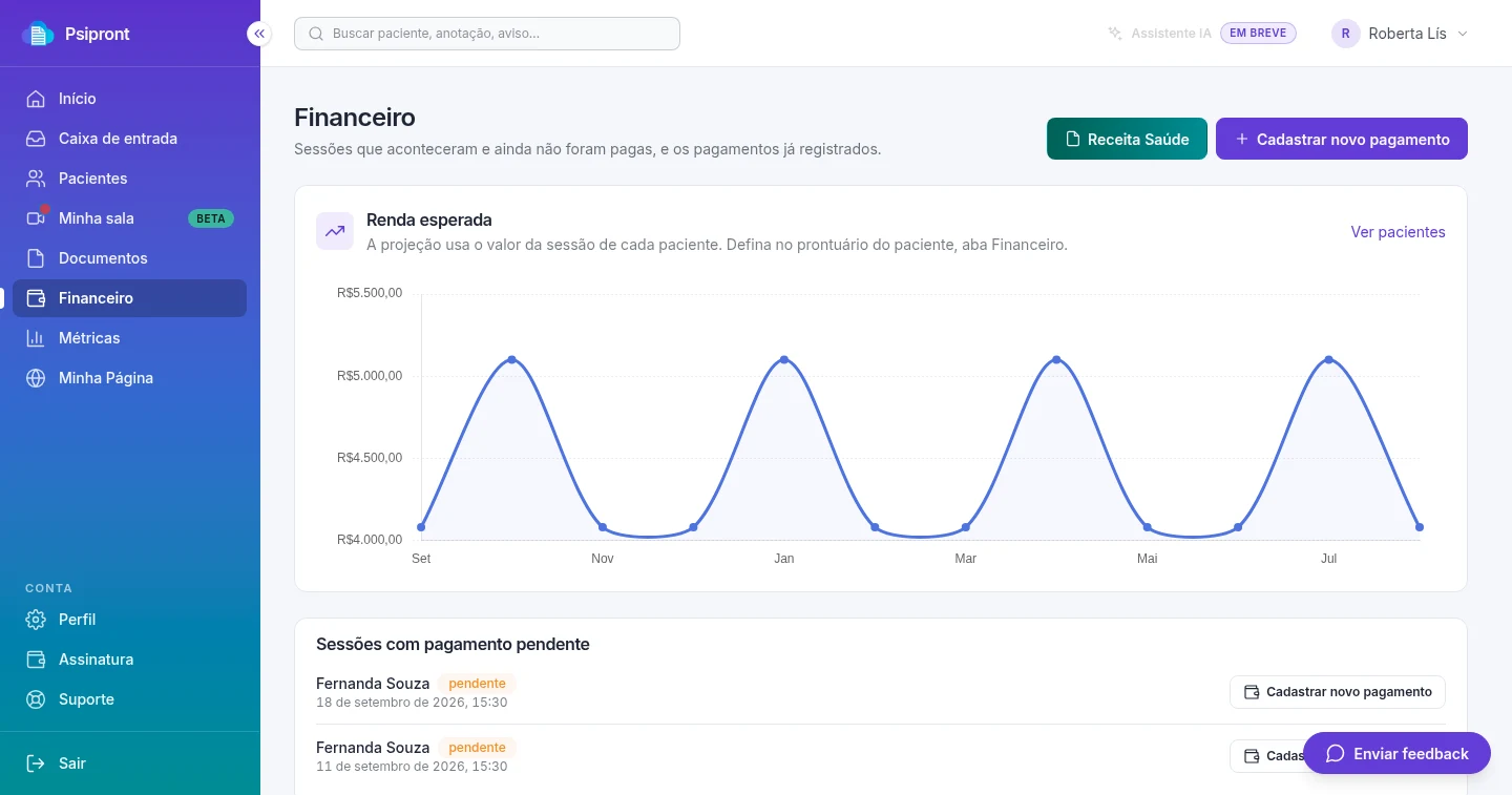 Tela financeira do Psipront com os pagamentos e as sessões pendentes