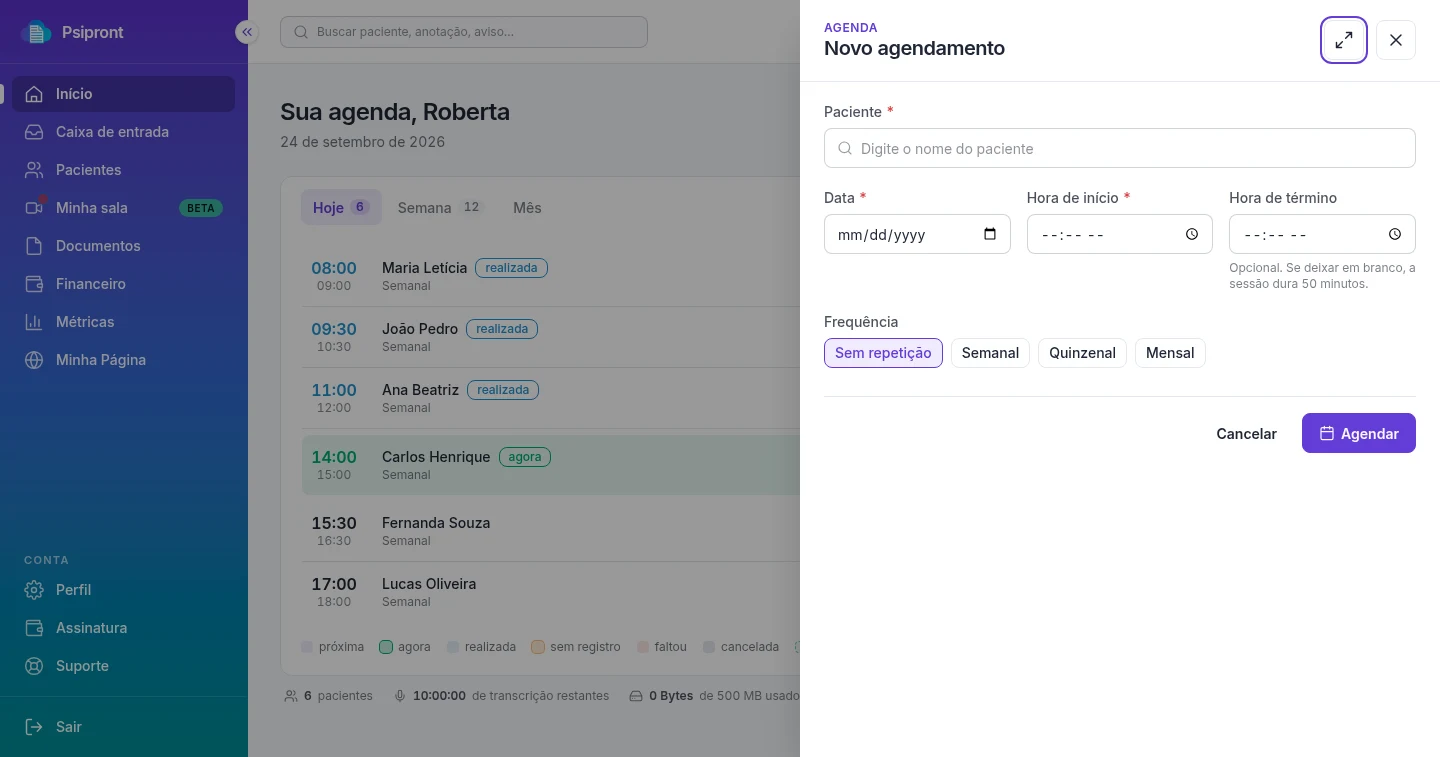 Início do Psipront com a agenda do dia e o painel de novo agendamento aberto ao lado